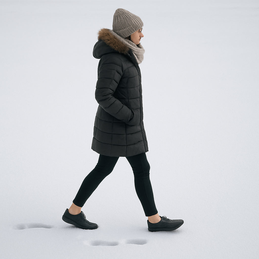 En kvinna i vinterkläder som går på snö med minimalistiska barfotaskor, tydligt synliga tåspår i snön. Alt: barfotaskor dam vinterfotografering