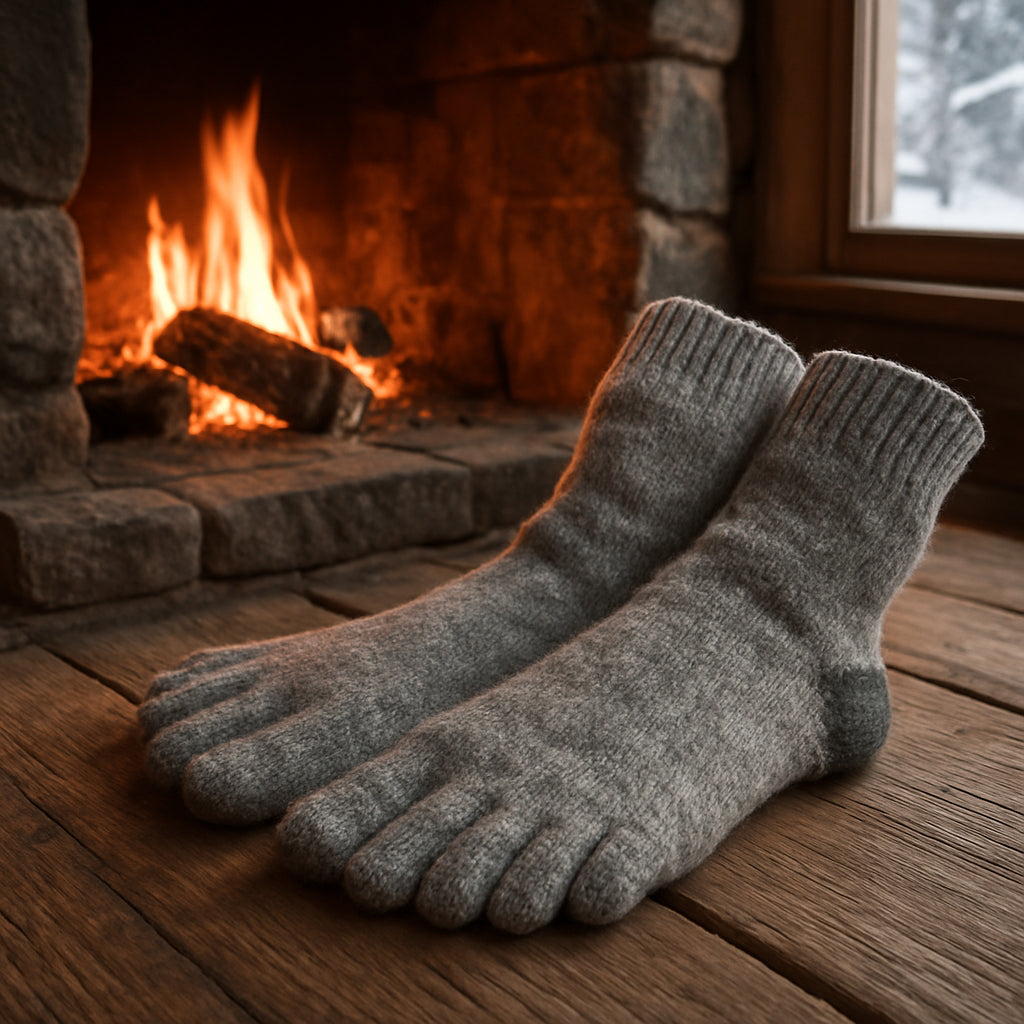 A cozy winter scene showing a pair of wool toe socks inside a cabin, near a fireplace. Alt: tåstrumpor ull värme komfort