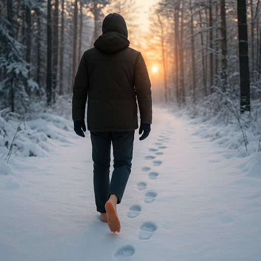 En person i vinterkläder går barfota i snöklädd skog med tydliga spår av barfotaskor, soluppgång i bakgrunden. Alt: bästa barfotaskor för vinterpromenad