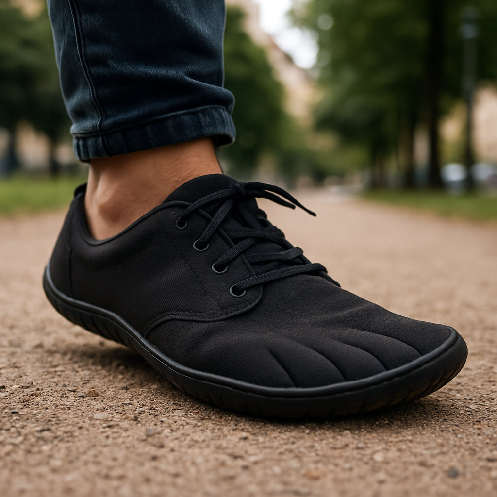 Närbild på en person som går i barfotaskor på Malmö-skrattad grusstig, med fokus på den breda tåboxen och den flexibla, tunna sulan. Alt: barfotaskor malmö naturlig rörelse och flexibilitet i stadsmiljö.