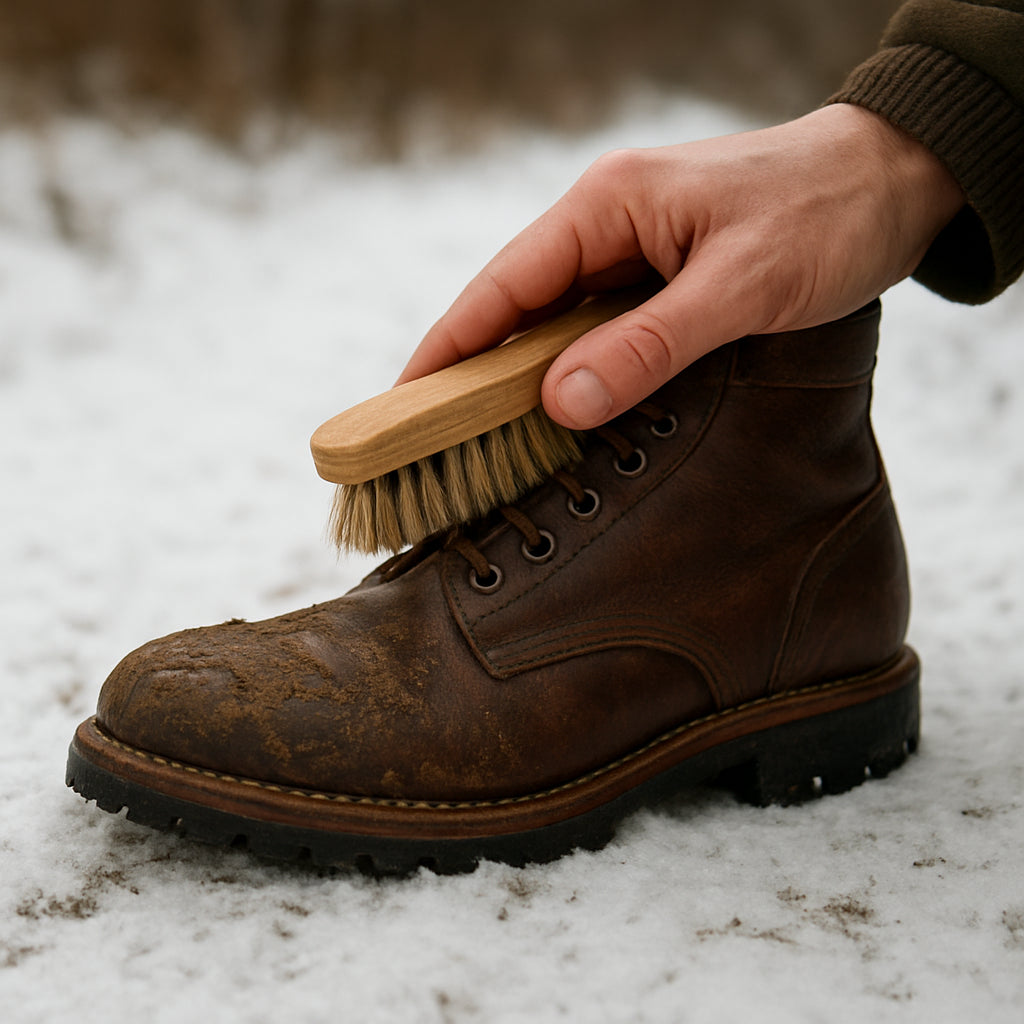 En närbild av en hand som borstar bort lera från en läderkänga på en snötäckt stig. Alt: Rengöring av läderkängor inför vaxning för vinterbruk.