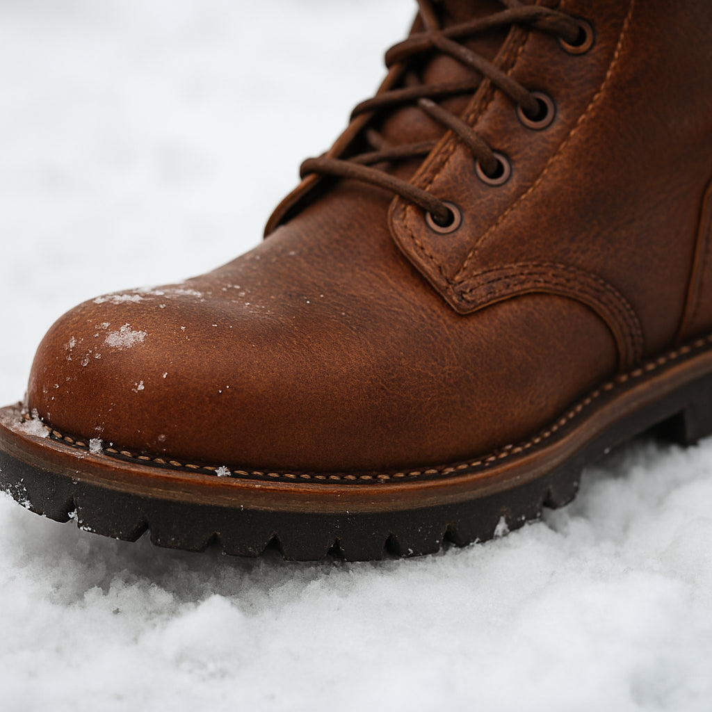 En närbild på en robust, fullkornsläderkänga som visas i snö, med fokus på tåboxen och sula, Alt: "kängor herr läder material och passform i vintermiljö"