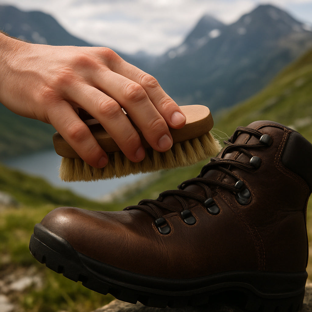 En närbild av en hand som borstar läder med en mjuk borste, i en naturlig miljö med fjällbakgrund. Alt: Rengöring av läderskor med mjuk borste för skovård läder.
