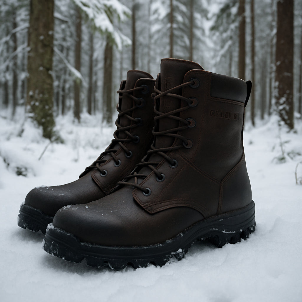 En par robusta samelin vinterkängor i snötäckt svensk skog. Alt: Vattentäta vinterkängor herr från Samelin för outdoor och jakt i svensk vinter.