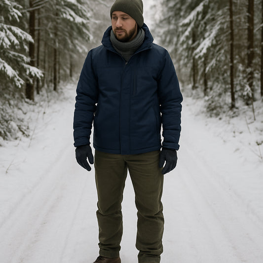 En person i vinterkläder står på en snötäckt skogsstig, bär breda kängor med en tydlig, rymlig tåbox. Alt: bred tåbox vinterkängor herr.