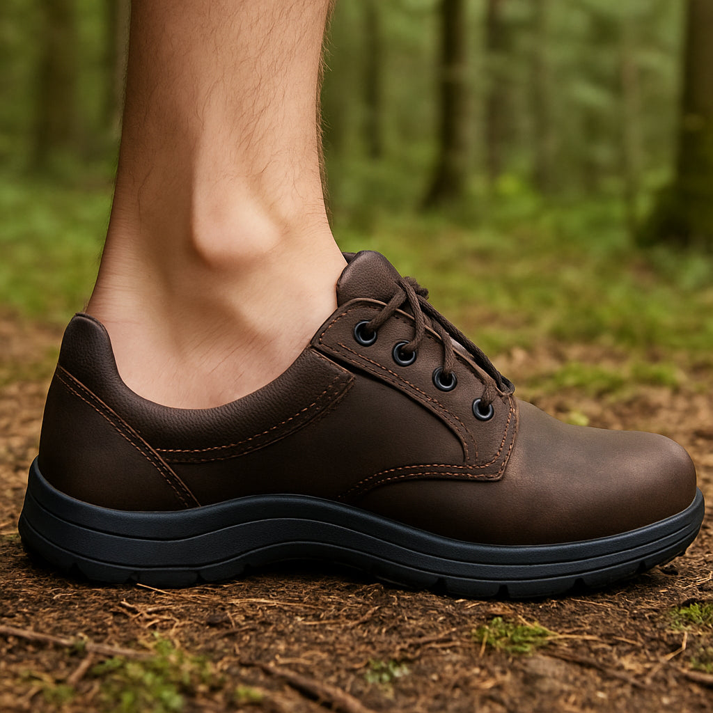 En närbild av en manlig fot med plattfot som bär en bred tåbox sko i skogsmiljö, fokus på fotens inre valv och sula. Alt: plattfot anatomisk illustration med rätt sko för plattfot herr.
