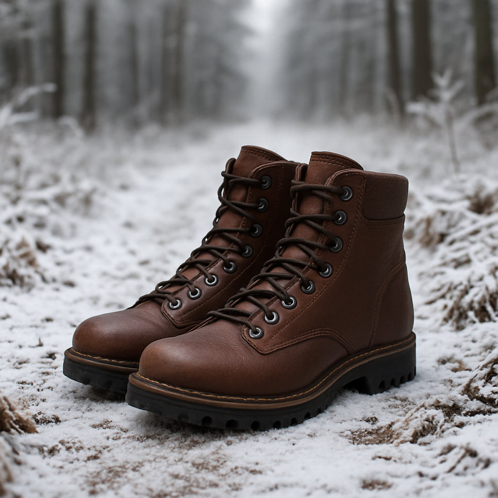 En närbild på ett par vandringskängor utan membran i fullnarvsläder, stående på en snötäckt skogsstig med frost på löven. Alt: vandringskängor utan membran läder herr i vintermiljö