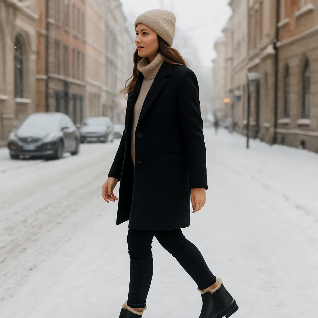 En kvinna i en snötäckt stadsgata med varmfodrade chelsea boots, fokus på den eleganta siluetten och det mjuka foder. Alt: klassiska varmfodrade chelsea boots dam i vintermiljö.