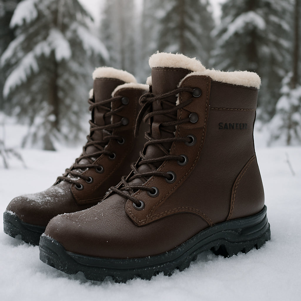 En närbild på ett par robusta Samelin vinterkängor i snöig skogsmiljö. Alt: vattentäta vinterkängor dam från Samelin utomhus i vinterlandskap med snö.