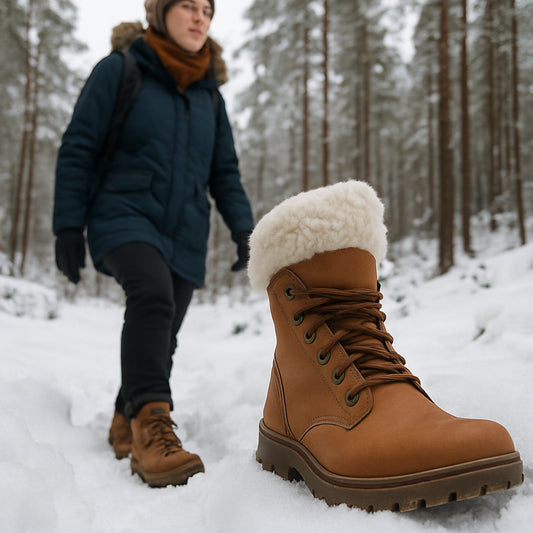 En kvinna i vinterkläder som går genom snöskogen med tydligt synligt ullfodrat vinterkänga på fötterna, fokus på kängans insida som visar mjukt ullfoder. Alt: ullfoder i vinterkängor dam – varm och andningsbart