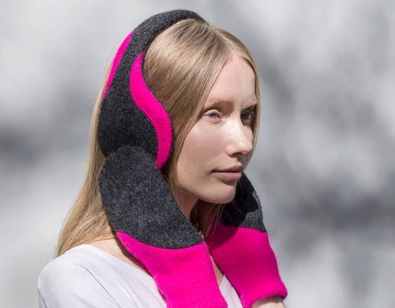 Felted Wool Mittens - Neon Pink & Dark Grey